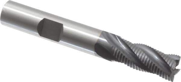 OSG - 3/8" Diam, Fine Pitch, 7/8" LOC, 4 Flute Cobalt Roughing Square End Mill - TiCN Finish, 2-5/8" OAL, 3/8" Shank Diam, Single End, 30° Helix - Eagle Tool & Supply