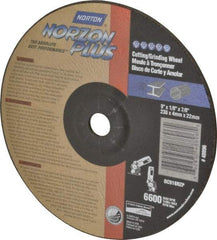 Norton - 9" Wheel Diam, 1/8" Wheel Thickness, 7/8" Arbor Hole, Type 27 Depressed Center Wheel - Ceramic, 6,600 Max RPM, Compatible with Angle Grinder - Eagle Tool & Supply