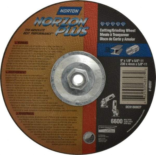 Norton - 9" Wheel Diam, 1/8" Wheel Thickness, Type 27 Depressed Center Wheel - Ceramic, 6,600 Max RPM, Compatible with Angle Grinder - Eagle Tool & Supply