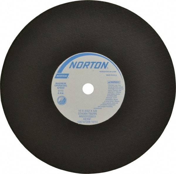 Norton - 10" 36 Grit Aluminum Oxide Cutoff Wheel - 3/32" Thick, 5/8" Arbor, 6,110 Max RPM, Use with Stationary Tools - Eagle Tool & Supply