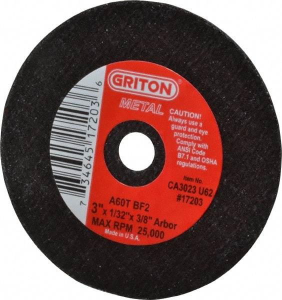 Value Collection - 3" 60 Grit Aluminum Oxide Cutoff Wheel - 1/32" Thick, 3/8" Arbor, 25,000 Max RPM, Use with Die Grinders - Eagle Tool & Supply