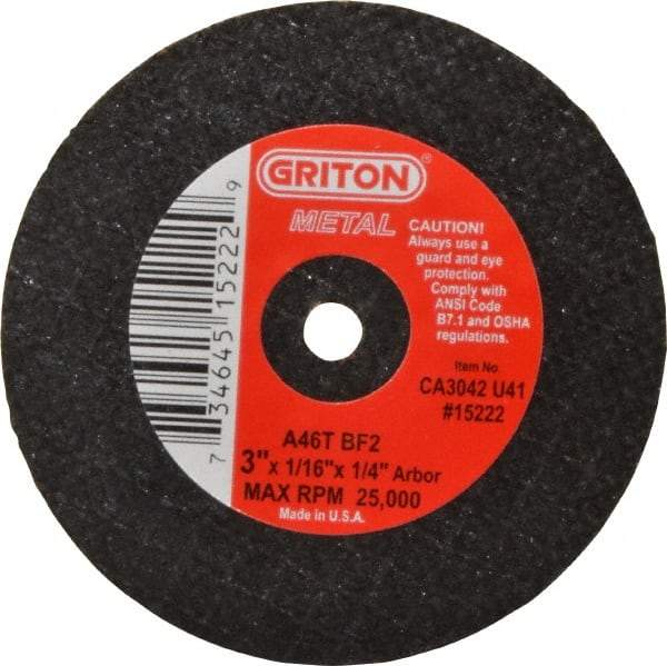 Value Collection - 3" 46 Grit Aluminum Oxide Cutoff Wheel - 1/16" Thick, 1/4" Arbor, 25,000 Max RPM, Use with Die Grinders - Eagle Tool & Supply