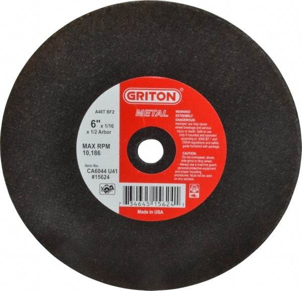 Made in USA - 6" 46 Grit Aluminum Oxide Cutoff Wheel - 1/16" Thick, 1/2" Arbor, 10,186 Max RPM, Use with Circular Saws - Eagle Tool & Supply