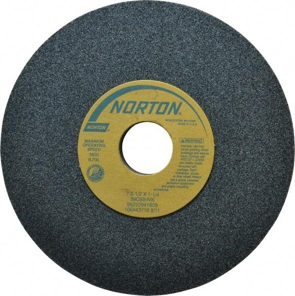 Norton - 7" Diam x 1-1/4" Hole x 1/2" Thick, I Hardness, 60 Grit Surface Grinding Wheel - Silicon Carbide, Type 1, Medium Grade, 3,600 Max RPM, Vitrified Bond, No Recess - Eagle Tool & Supply