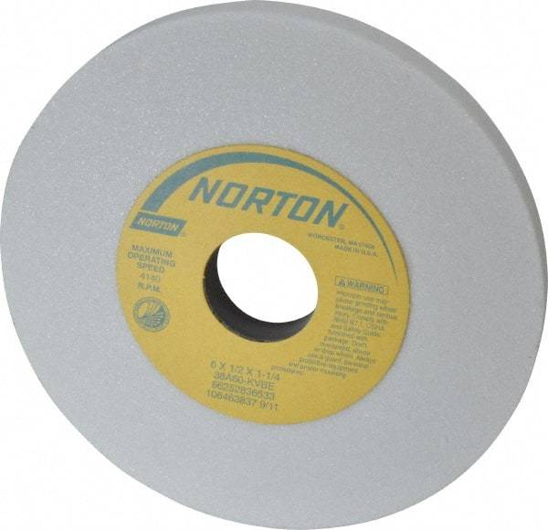Norton - 6" Diam x 1-1/4" Hole x 1/2" Thick, K Hardness, 60 Grit Surface Grinding Wheel - Aluminum Oxide, Type 1, Medium Grade, 4,140 Max RPM, Vitrified Bond, No Recess - Eagle Tool & Supply