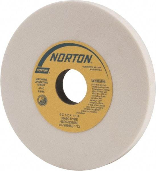 Norton - 6" Diam x 1-1/4" Hole x 1/2" Thick, K Hardness, 80 Grit Surface Grinding Wheel - Aluminum Oxide, Type 1, Medium Grade, 4,140 Max RPM, Vitrified Bond, No Recess - Eagle Tool & Supply