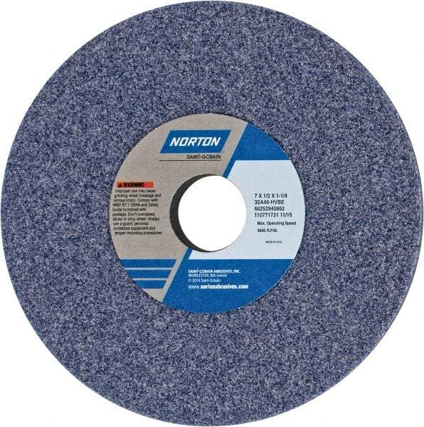 Norton - 7" Diam x 1-1/4" Hole x 1/2" Thick, H Hardness, 46 Grit Surface Grinding Wheel - Aluminum Oxide, Type 1, Coarse Grade, 3,600 Max RPM, Vitrified Bond, No Recess - Eagle Tool & Supply