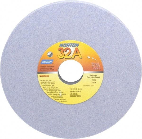 Norton - 7" Diam x 1-1/4" Hole x 1/2" Thick, J Hardness, 80 Grit Surface Grinding Wheel - Aluminum Oxide, Type 1, Medium Grade, 3,600 Max RPM, Vitrified Bond, No Recess - Eagle Tool & Supply