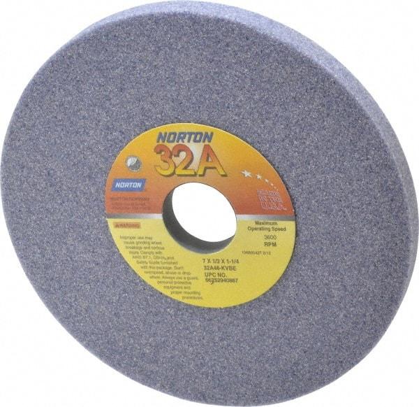 Norton - 7" Diam x 1-1/4" Hole x 1/2" Thick, K Hardness, 46 Grit Surface Grinding Wheel - Aluminum Oxide, Type 1, Coarse Grade, 3,600 Max RPM, Vitrified Bond, No Recess - Eagle Tool & Supply
