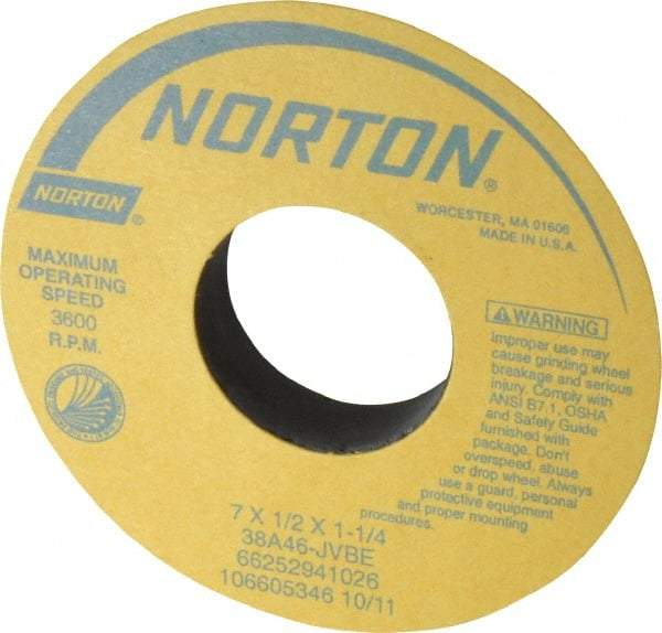 Norton - 7" Diam x 1-1/4" Hole x 1/2" Thick, J Hardness, 46 Grit Surface Grinding Wheel - Aluminum Oxide, Type 1, Coarse Grade, 3,600 Max RPM, Vitrified Bond, No Recess - Eagle Tool & Supply