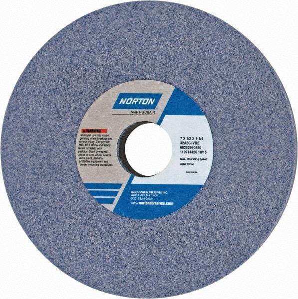 Norton - 7" Diam x 1-1/4" Hole x 1/2" Thick, I Hardness, 60 Grit Surface Grinding Wheel - Aluminum Oxide, Type 1, Medium Grade, 3,600 Max RPM, Vitrified Bond, No Recess - Eagle Tool & Supply