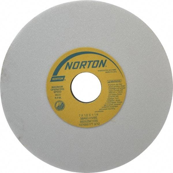 Norton - 7" Diam x 1-1/4" Hole x 1/2" Thick, H Hardness, 60 Grit Surface Grinding Wheel - Aluminum Oxide, Type 1, Medium Grade, 3,600 Max RPM, Vitrified Bond, No Recess - Eagle Tool & Supply