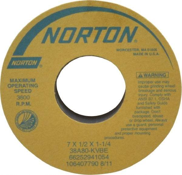 Norton - 7" Diam x 1-1/4" Hole x 1/2" Thick, K Hardness, 80 Grit Surface Grinding Wheel - Aluminum Oxide, Type 1, Medium Grade, 3,600 Max RPM, Vitrified Bond, No Recess - Eagle Tool & Supply