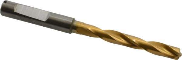 Guhring - Letter E (1/4) 140° Solid Carbide Jobber Drill - TiN Finish, Right Hand Cut, Spiral Flute, Whistle Notch Shank, 91mm OAL, SU Point - Eagle Tool & Supply