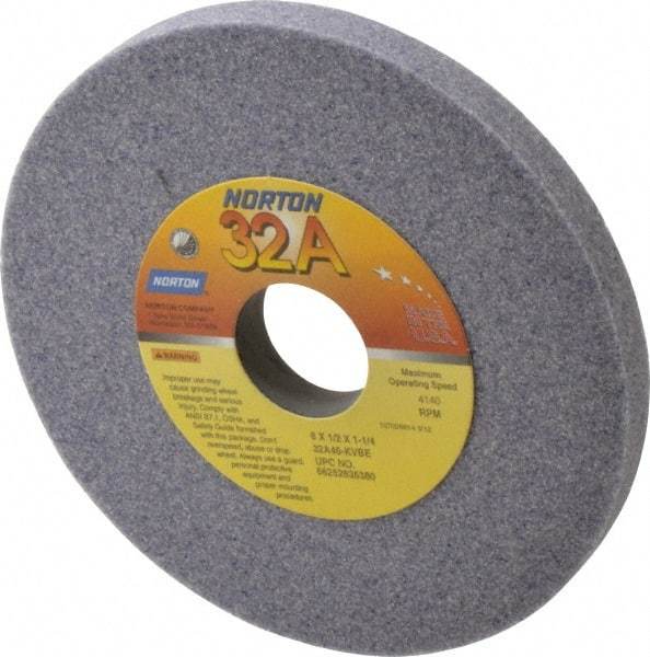 Norton - 6" Diam x 1-1/4" Hole x 1/2" Thick, K Hardness, 46 Grit Surface Grinding Wheel - Aluminum Oxide, Type 1, Coarse Grade, 4,140 Max RPM, Vitrified Bond, No Recess - Eagle Tool & Supply