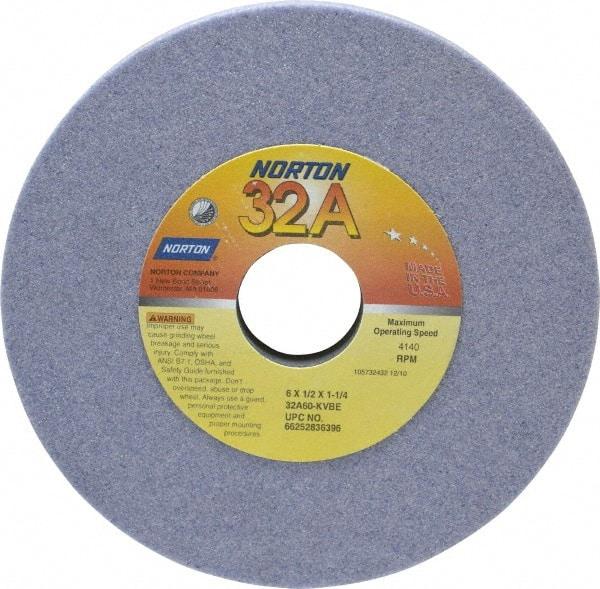 Norton - 6" Diam x 1-1/4" Hole x 1/2" Thick, K Hardness, 60 Grit Surface Grinding Wheel - Aluminum Oxide, Type 1, Medium Grade, 4,140 Max RPM, Vitrified Bond, No Recess - Eagle Tool & Supply