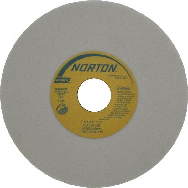 Norton - 7" Diam x 1-1/4" Hole x 1/4" Thick, I Hardness, 60 Grit Surface Grinding Wheel - Aluminum Oxide, Type 1, Medium Grade, 3,600 Max RPM, Vitrified Bond, No Recess - Eagle Tool & Supply