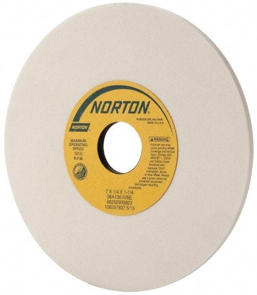Norton - 7" Diam x 1-1/4" Hole x 1/4" Thick, I Hardness, 100 Grit Surface Grinding Wheel - Aluminum Oxide, Type 1, Fine Grade, 3,600 Max RPM, Vitrified Bond, No Recess - Eagle Tool & Supply