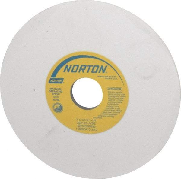 Norton - 7" Diam x 1-1/4" Hole x 1/4" Thick, J Hardness, 120 Grit Surface Grinding Wheel - Aluminum Oxide, Type 1, Fine Grade, 3,600 Max RPM, Vitrified Bond, No Recess - Eagle Tool & Supply