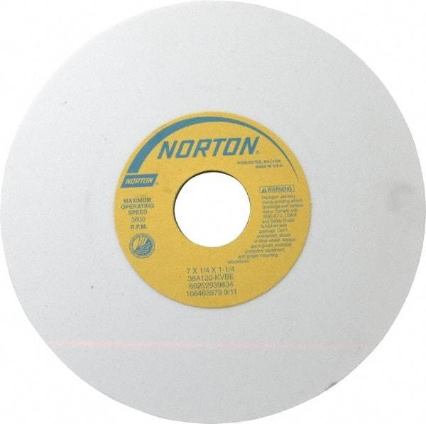 Norton - 7" Diam x 1-1/4" Hole x 1/4" Thick, K Hardness, 120 Grit Surface Grinding Wheel - Aluminum Oxide, Type 1, Fine Grade, 3,600 Max RPM, Vitrified Bond, No Recess - Eagle Tool & Supply