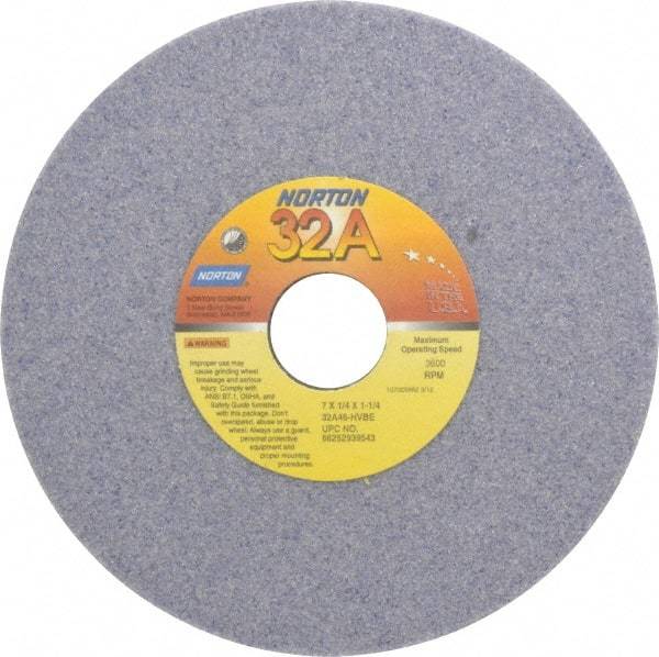 Norton - 7" Diam x 1-1/4" Hole x 1/4" Thick, H Hardness, 46 Grit Surface Grinding Wheel - Aluminum Oxide, Type 1, Coarse Grade, 3,600 Max RPM, Vitrified Bond, No Recess - Eagle Tool & Supply