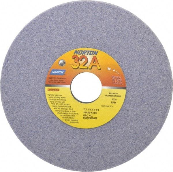 Norton - 7" Diam x 1-1/4" Hole x 1/4" Thick, K Hardness, 46 Grit Surface Grinding Wheel - Aluminum Oxide, Type 1, Coarse Grade, 3,600 Max RPM, Vitrified Bond, No Recess - Eagle Tool & Supply