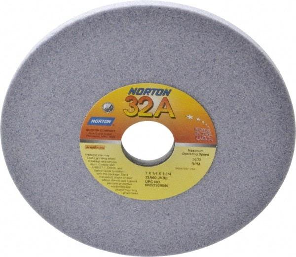 Norton - 7" Diam x 1-1/4" Hole x 1/4" Thick, J Hardness, 60 Grit Surface Grinding Wheel - Aluminum Oxide, Type 1, Medium Grade, 3,600 Max RPM, Vitrified Bond, No Recess - Eagle Tool & Supply