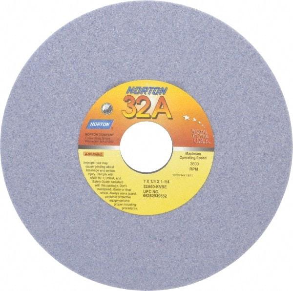Norton - 7" Diam x 1-1/4" Hole x 1/4" Thick, K Hardness, 60 Grit Surface Grinding Wheel - Aluminum Oxide, Type 1, Medium Grade, 3,600 Max RPM, Vitrified Bond, No Recess - Eagle Tool & Supply