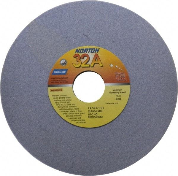 Norton - 7" Diam x 1-1/4" Hole x 1/4" Thick, K Hardness, 80 Grit Surface Grinding Wheel - Aluminum Oxide, Type 1, Medium Grade, 3,600 Max RPM, Vitrified Bond, No Recess - Eagle Tool & Supply