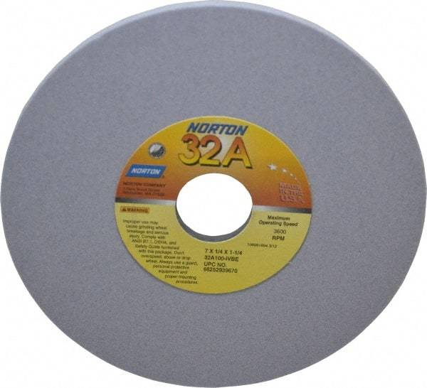 Norton - 7" Diam x 1-1/4" Hole x 1/4" Thick, I Hardness, 100 Grit Surface Grinding Wheel - Aluminum Oxide, Type 1, Fine Grade, 3,600 Max RPM, Vitrified Bond, No Recess - Eagle Tool & Supply