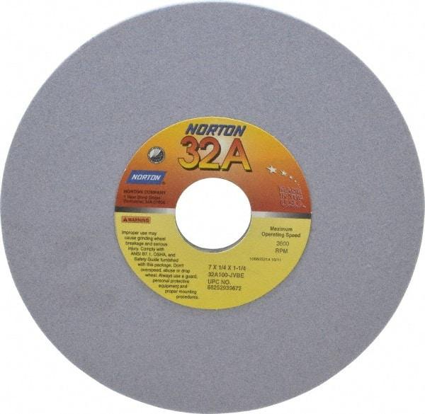 Norton - 7" Diam x 1-1/4" Hole x 1/4" Thick, J Hardness, 100 Grit Surface Grinding Wheel - Aluminum Oxide, Type 1, Fine Grade, 3,600 Max RPM, Vitrified Bond, No Recess - Eagle Tool & Supply