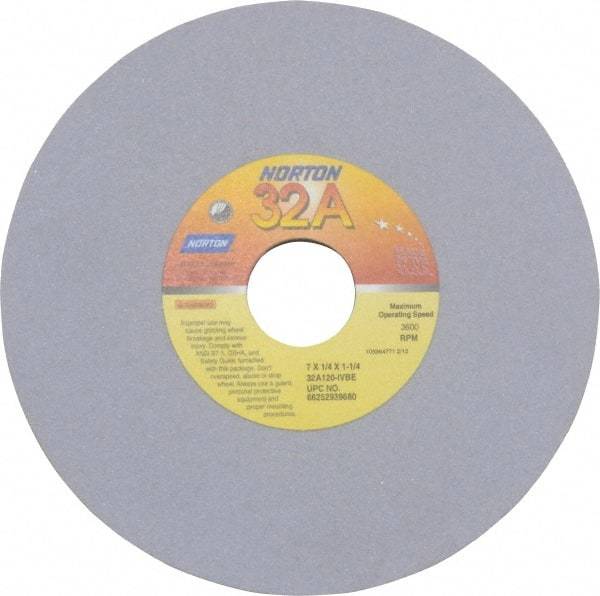 Norton - 7" Diam x 1-1/4" Hole x 1/4" Thick, I Hardness, 120 Grit Surface Grinding Wheel - Aluminum Oxide, Type 1, Fine Grade, 3,600 Max RPM, Vitrified Bond, No Recess - Eagle Tool & Supply