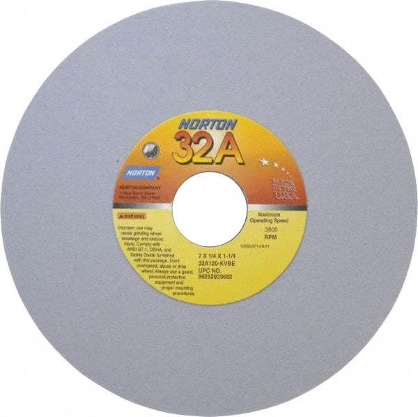 Norton - 7" Diam x 1-1/4" Hole x 1/4" Thick, K Hardness, 120 Grit Surface Grinding Wheel - Aluminum Oxide, Type 1, Fine Grade, 3,600 Max RPM, Vitrified Bond, No Recess - Eagle Tool & Supply