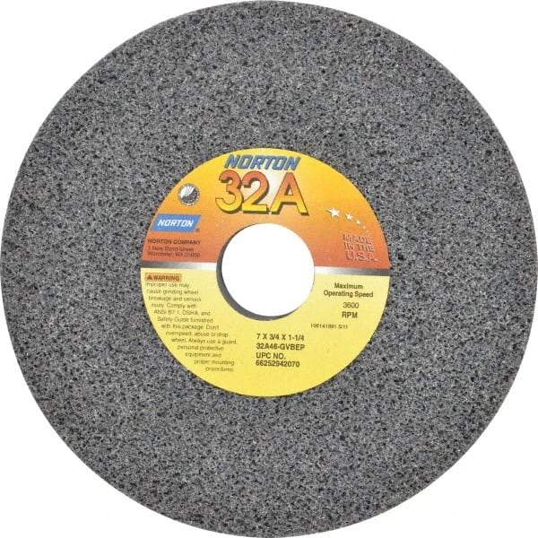 Norton - 7" Diam x 1-1/4" Hole x 3/4" Thick, G Hardness, 46 Grit Surface Grinding Wheel - Aluminum Oxide, Type 1, Coarse Grade, 3,600 Max RPM, Vitrified Bond, No Recess - Eagle Tool & Supply