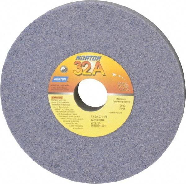 Norton - 7" Diam x 1-1/4" Hole x 3/4" Thick, I Hardness, 46 Grit Surface Grinding Wheel - Aluminum Oxide, Type 1, Coarse Grade, 3,600 Max RPM, Vitrified Bond, No Recess - Eagle Tool & Supply