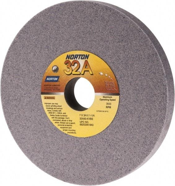 Norton - 7" Diam x 1-1/4" Hole x 3/4" Thick, K Hardness, 60 Grit Surface Grinding Wheel - Aluminum Oxide, Type 1, Medium Grade, 3,600 Max RPM, Vitrified Bond, No Recess - Eagle Tool & Supply