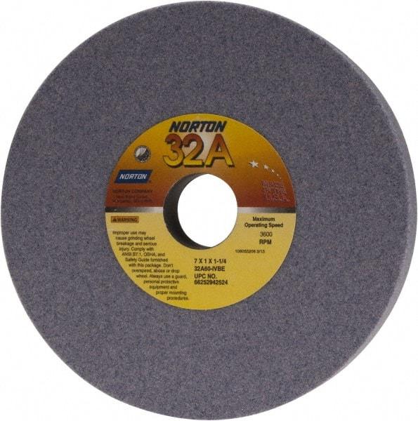 Norton - 7" Diam x 1-1/4" Hole x 1" Thick, I Hardness, 60 Grit Surface Grinding Wheel - Aluminum Oxide, Type 1, Medium Grade, 3,600 Max RPM, Vitrified Bond, No Recess - Eagle Tool & Supply
