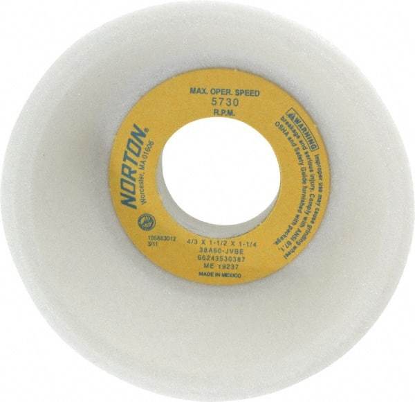 Norton - 4" Diam, 1-1/4" Hole Size, 1-1/2" Overall Thickness, 60 Grit, Type 11 Tool & Cutter Grinding Wheel - Medium Grade, Aluminum Oxide, J Hardness, Vitrified Bond, 5,730 RPM - Eagle Tool & Supply