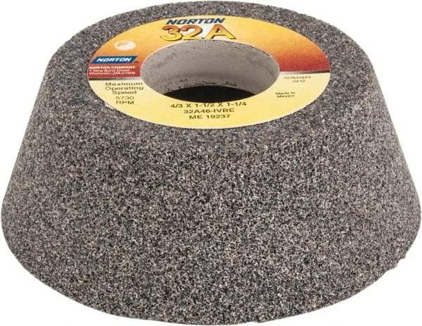 Norton - 4" Diam, 1-1/4" Hole Size, 1-1/2" Overall Thickness, 46 Grit, Type 11 Tool & Cutter Grinding Wheel - Coarse Grade, Aluminum Oxide, I Hardness, Vitrified Bond, 5,730 RPM - Eagle Tool & Supply