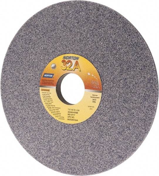 Norton - 7" Diam, 1-1/4" Hole Size, 1/2" Overall Thickness, 46 Grit, Type 12 Tool & Cutter Grinding Wheel - Coarse Grade, Aluminum Oxide, K Hardness, Vitrified Bond, 3,600 RPM - Eagle Tool & Supply