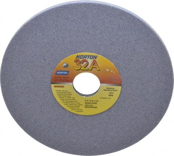 Norton - 8" Diam x 1-1/4" Hole x 1/4" Thick, K Hardness, 60 Grit Surface Grinding Wheel - Aluminum Oxide, Type 1, Medium Grade, 3,600 Max RPM, Vitrified Bond, No Recess - Eagle Tool & Supply