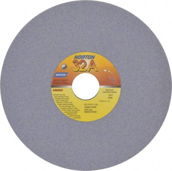Norton - 8" Diam x 1-1/4" Hole x 1/4" Thick, K Hardness, 80 Grit Surface Grinding Wheel - Aluminum Oxide, Type 1, Medium Grade, 3,600 Max RPM, Vitrified Bond, No Recess - Eagle Tool & Supply
