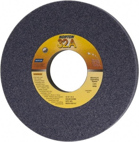 Norton - 10" Diam x 3" Hole x 1" Thick, H Hardness, 46 Grit Surface Grinding Wheel - Aluminum Oxide, Type 1, Coarse Grade, 2,485 Max RPM, Vitrified Bond, No Recess - Eagle Tool & Supply