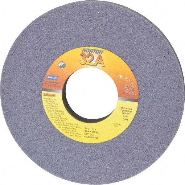 Norton - 10" Diam x 3" Hole x 1" Thick, K Hardness, 46 Grit Surface Grinding Wheel - Aluminum Oxide, Type 1, Coarse Grade, 2,485 Max RPM, Vitrified Bond, No Recess - Eagle Tool & Supply