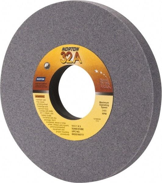Norton - 10" Diam x 3" Hole x 1" Thick, K Hardness, 60 Grit Surface Grinding Wheel - Aluminum Oxide, Type 1, Medium Grade, 2,485 Max RPM, Vitrified Bond, No Recess - Eagle Tool & Supply