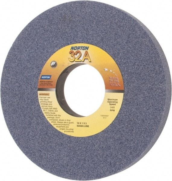 Norton - 10" Diam x 3" Hole x 1" Thick, L Hardness, 60 Grit Surface Grinding Wheel - Aluminum Oxide, Type 1, Medium Grade, 2,485 Max RPM, Vitrified Bond, No Recess - Eagle Tool & Supply