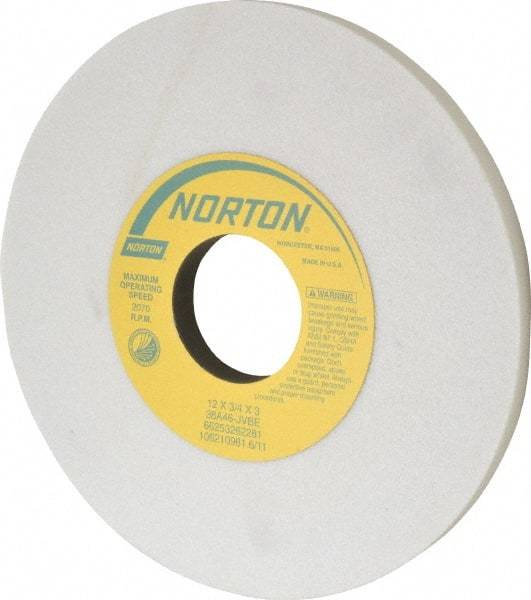 Norton - 12" Diam x 3" Hole x 3/4" Thick, J Hardness, 46 Grit Surface Grinding Wheel - Aluminum Oxide, Type 1, Coarse Grade, 2,070 Max RPM, Vitrified Bond, No Recess - Eagle Tool & Supply