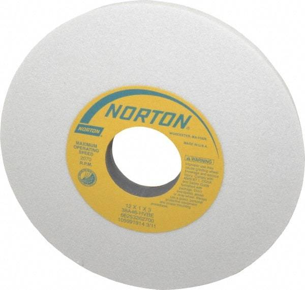 Norton - 12" Diam x 3" Hole x 1" Thick, H Hardness, 46 Grit Surface Grinding Wheel - Aluminum Oxide, Type 1, Coarse Grade, 2,070 Max RPM, Vitrified Bond, No Recess - Eagle Tool & Supply