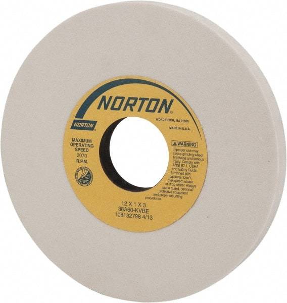 Norton - 12" Diam x 3" Hole x 1" Thick, K Hardness, 60 Grit Surface Grinding Wheel - Aluminum Oxide, Type 1, Medium Grade, 2,070 Max RPM, Vitrified Bond, No Recess - Eagle Tool & Supply