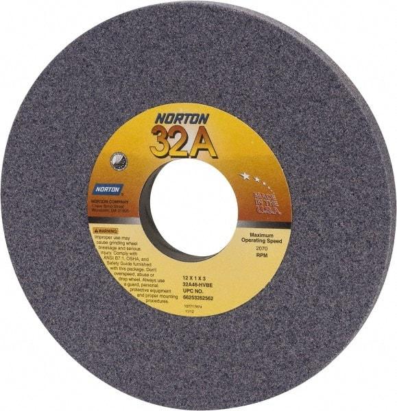 Norton - 12" Diam x 3" Hole x 1" Thick, H Hardness, 46 Grit Surface Grinding Wheel - Aluminum Oxide, Type 1, Coarse Grade, 2,070 Max RPM, Vitrified Bond, No Recess - Eagle Tool & Supply